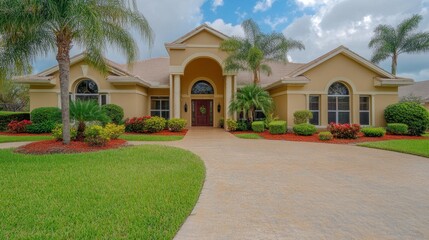 Obraz premium Elegant suburban home with lush landscaping and palm trees under a bright sky