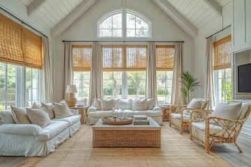 Fototapeta premium Spacious living room with high ceilings, white oak flooring, neutral armchairs, vintage lace curtains, and natural light filling the airy space.