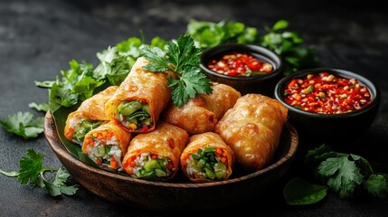 Fototapeta premium Delicious Crispy Vegetable Spring Rolls with Spicy Dipping Sauces