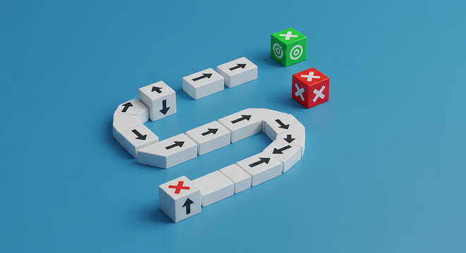 Snake-like path of white cubes forming a curved navigation trail with red and green cubes indicating stop and go, symbolizing complex decision paths, user journey, or task approval process. - Powered by Adobe