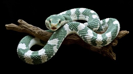 A vibrant green and white patterned snake on a branch