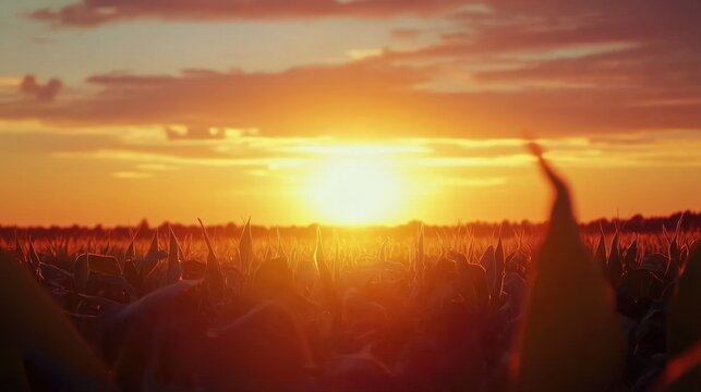 Golden sunset over a cornfield with vibrant colors illuminating the landscape