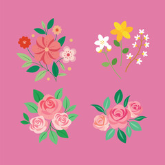 Watercolor flowers in folk style png. Collection of flowers from leaves, flower bouquets. Spring art print with botanical elements. Watercolor vector botany