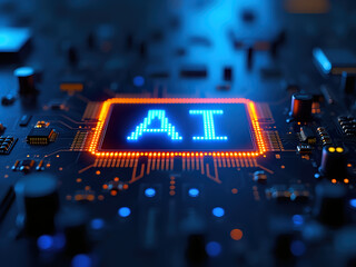 Close-up of computer chip labeled "AI" on blue