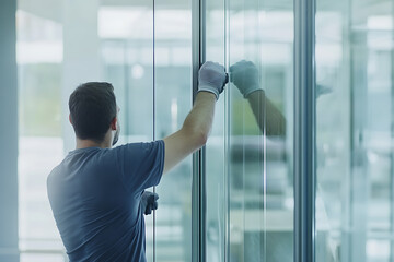 Glass installer setting large glass panels into window frames. Featuring glass installation and building exterior work