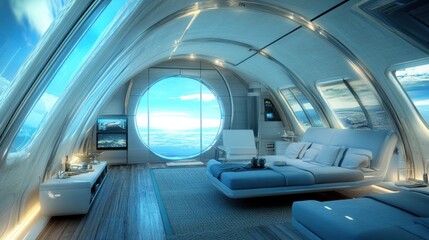 Futuristic, spacious bedroom with panoramic views