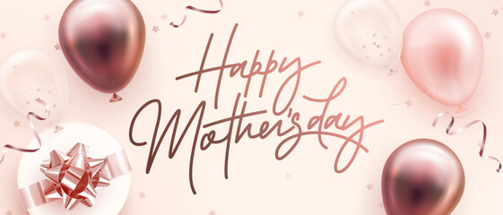 Happy mother's day web banner, poster, greeting card design template. Realistic 3d helium balloons and gift box on pink background. Mother day elegant wallpaper. Vector illustration