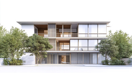Fototapeta premium Modern three story house with large windows and trees in front