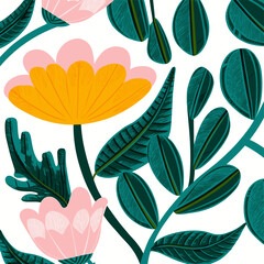Bold Teal & Peach Floral Seamless Pattern: Modern Botanical Illustration