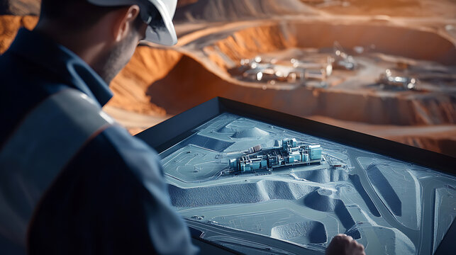 Engineer designing a new lithium mining extraction plan using advanced technology and blueprints. Featuring design work