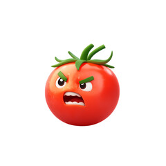 Cartoonish angry tomato character with expressive features and vibrant colors
