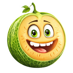 Cartoonish smiling melon character with expressive eyes and a cheerful demeanor