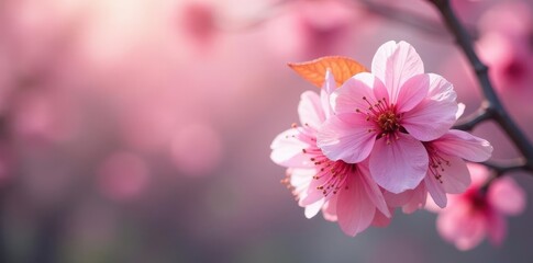 Obraz premium Soft focus pink cherry blossoms, blurred background, branch, spring, vibrant