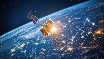 Satellite orbiting Earth, capturing data and transmitting signals over cities at night