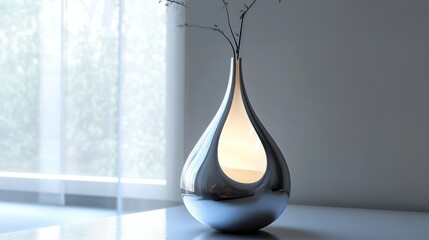 Modern Minimalist Silver Vase with Branches, Interior Design Still Life