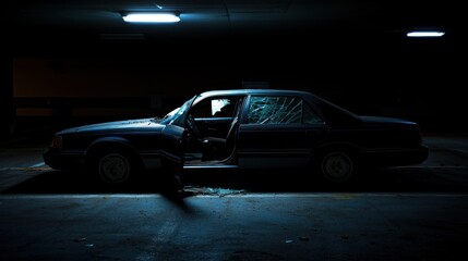 Obraz premium Abandoned car, broken window, dark parking garage, ominous scene