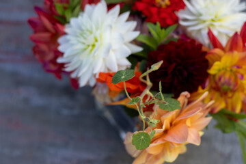 Detail of nasturtium leaves in a dahlia bouquet on a metal table.