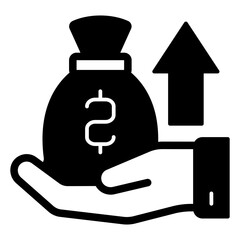 Money bag with arrow on hand solid icon, bank account concept. Vector graphics. Deposit portfolio, boost sign on white background, glyph style mobile or design.