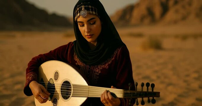 Desert Harmony: A young woman in traditional Middle Eastern attire plays a oud, a traditional stringed instrument, amidst the vastness of the desert landscape.
