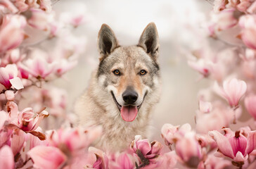 Portrait of a wolf-gray shepherd breed in a magnolia.