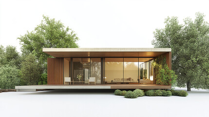 Fototapeta premium Modern minimalist house with large windows surrounded by trees