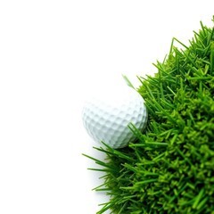 A pristine golf ball rests in vibrant green grass against a pure white background, summer, clean, game
