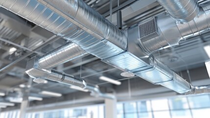 Modern HVAC air duct system installed on ceiling of commercial building with shiny metallic ventilation pipes. Copy space