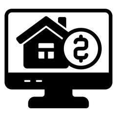 Monitor screen with coin and house solid icon, housing market concept. Vector graphics. Display with money, building sign on white background, glyph style mobile or design.