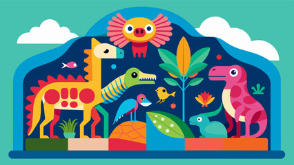 A display of intricate and colorful paper mache creatures showcases the creativity and imagination of young students utilizing their understanding of biology and zoology.. Vector illustration