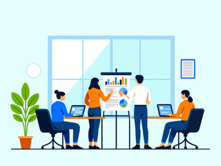 Flat design vector illustration of a business team analyzing data and presenting charts in a modern office setting. Team members seated at a table with laptops, showing graphs and statistics on large 