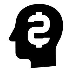 Man head with huge currency letter solid icon, financial advice concept. Vector graphics. Money maker mind, human brain sign on white background, glyph style mobile or design.