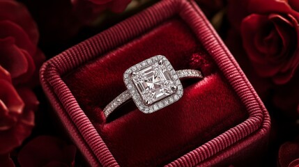 Square Diamond Ring in Red Velvet Box with Roses
