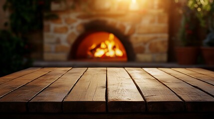 Rustic wooden table, fireplace background, autumn, outdoor, cozy, food display