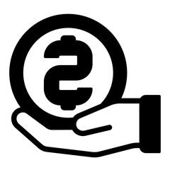 Hand with huge coin solid icon, financial advice concept. Vector graphics. Coin in hand, money sign on white background, glyph style mobile or design.