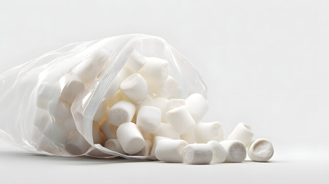 Photorealistic Clear Plastic Bag Containing Piled White Marshmallows on White Background