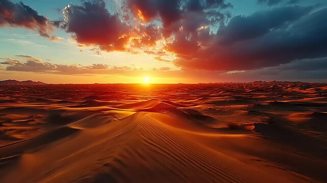 Stunning sunset over vast desert landscape with dramatic clouds and golden dunes