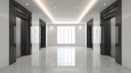 Modern Elevator doors of office or hotel hallway,holiday season decor with christmas tree,Lobby interior, corridor in house with lift,marble elegant lift for passenger or cargo elevators,copy space.