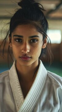 Young Asian woman in martial arts attire practicing focus and discipline in a dojo setting