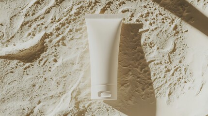 A white cosmetic tube lying on a textured beige surface with soft shadows and natural light shining on it