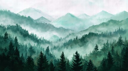 Watercolor of landscape forest misty mountains horizon and fog and hills,pine tree fir tree,Autumn forest background,drawn by hand,Autumn illustration design elements for landscape,wallpaper.