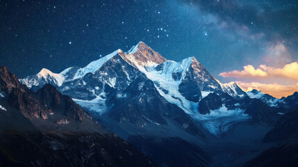 Majestic snow-capped mountain peak under a starry night sky © Fightstar
