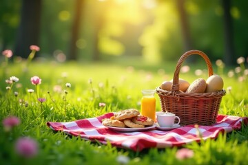 Sun-drenched meadow, charming picnic setup, vibrant blooms, setting, summertime, charming