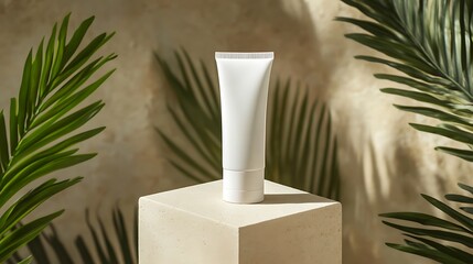 White tube on a beige cube with palm leaves against a textured backdrop in soft natural lighting
