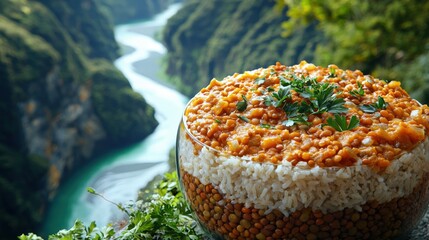 Vegan lentil stew with rice beside the emerald river in New Zealand canyon