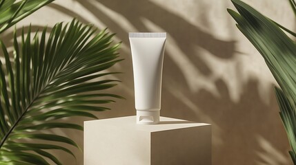 White tube on a beige cube surrounded by green leaves with shadow patterns on a beige background