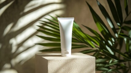 White tube on a concrete block with palm leaves and shadows creating a natural aesthetic scene
