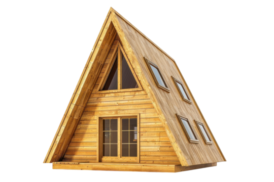 A charming wooden A-frame cabin with large windows nestled in a serene landscape under a bright blue sky during the day isolated on transparent background - Powered by Adobe