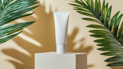 White tube on a pedestal with palm leaves casting shadows against a beige colored background