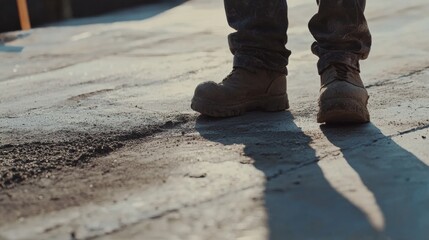 Construction worker sealing concrete joints. Outdoor construction site