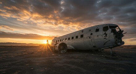 Wrecked Airplane at Sunset: A Dramatic, Golden-Hour Landscape